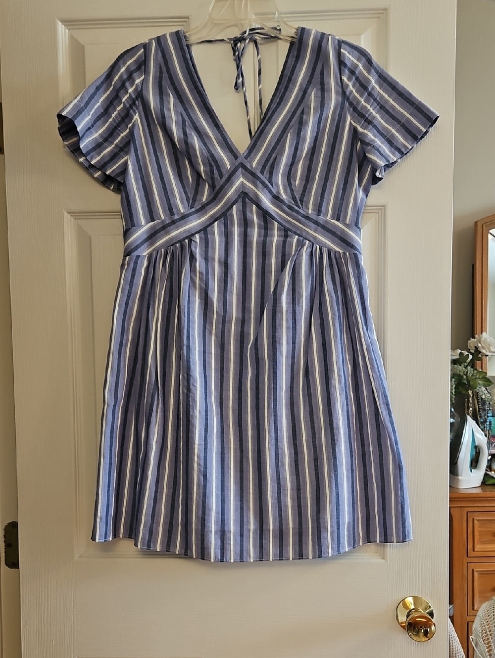 Banana Republic Blue and White Striped V-Neck Mini Dress